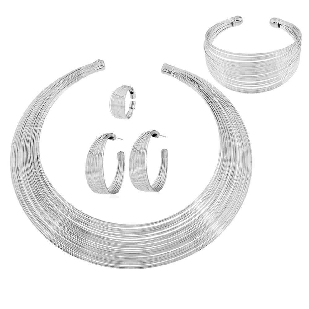 Wholesale fashion striped metal collar necklace four-piece bracelet ring earring collar